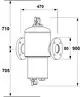Zeichnung eines Abscheiders mit Flanschanschluss, ausgestattet mit einer oberen Entlüftung und einem Ventil. Produkt von IMI Hydronic Engineering, klar strukturiert in technischen Maßen.